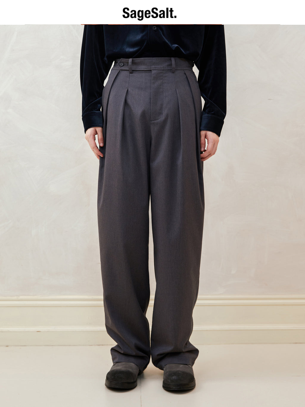 Diagonal Twill Blend Double-Pleated Loose-Fit Trousers