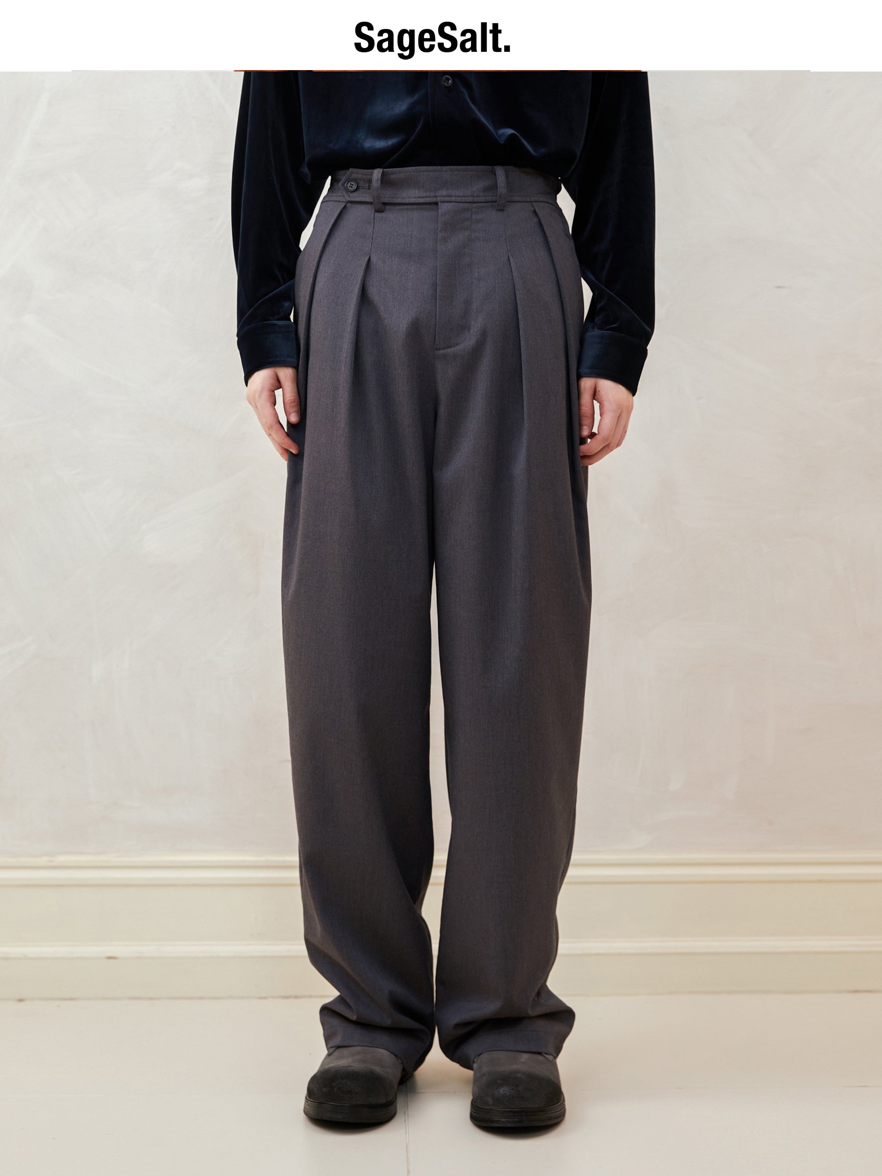 Diagonal Twill Blend Double-Pleated Loose-Fit Trousers