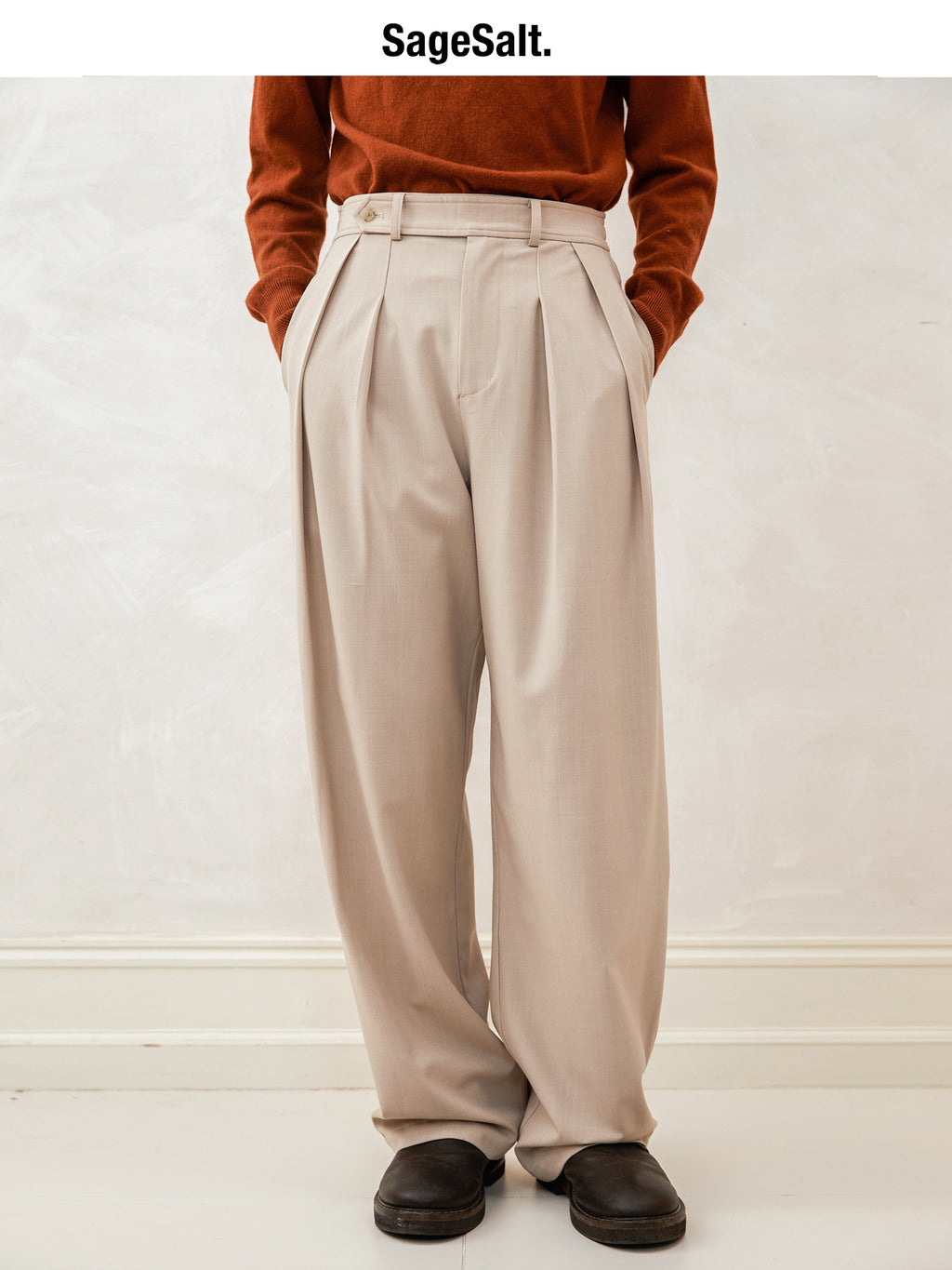 Wool Blend Double-Pleated Loose-Fit Trousers