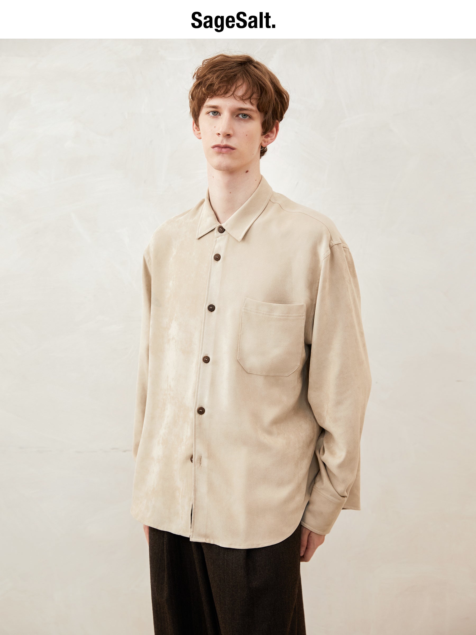 Faux Suede Loose-Fit Long-Sleeve Shirt