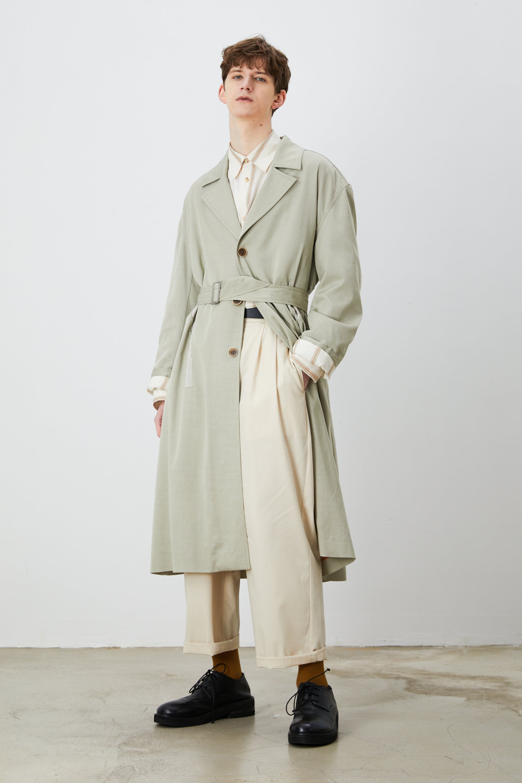 Gray-Green Single-Breasted Drop Shoulder Trench Coat