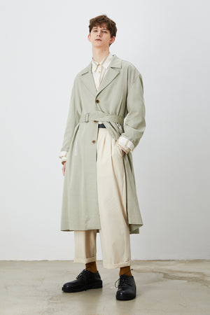 Gray-Green Single-Breasted Drop Shoulder Trench Coat
