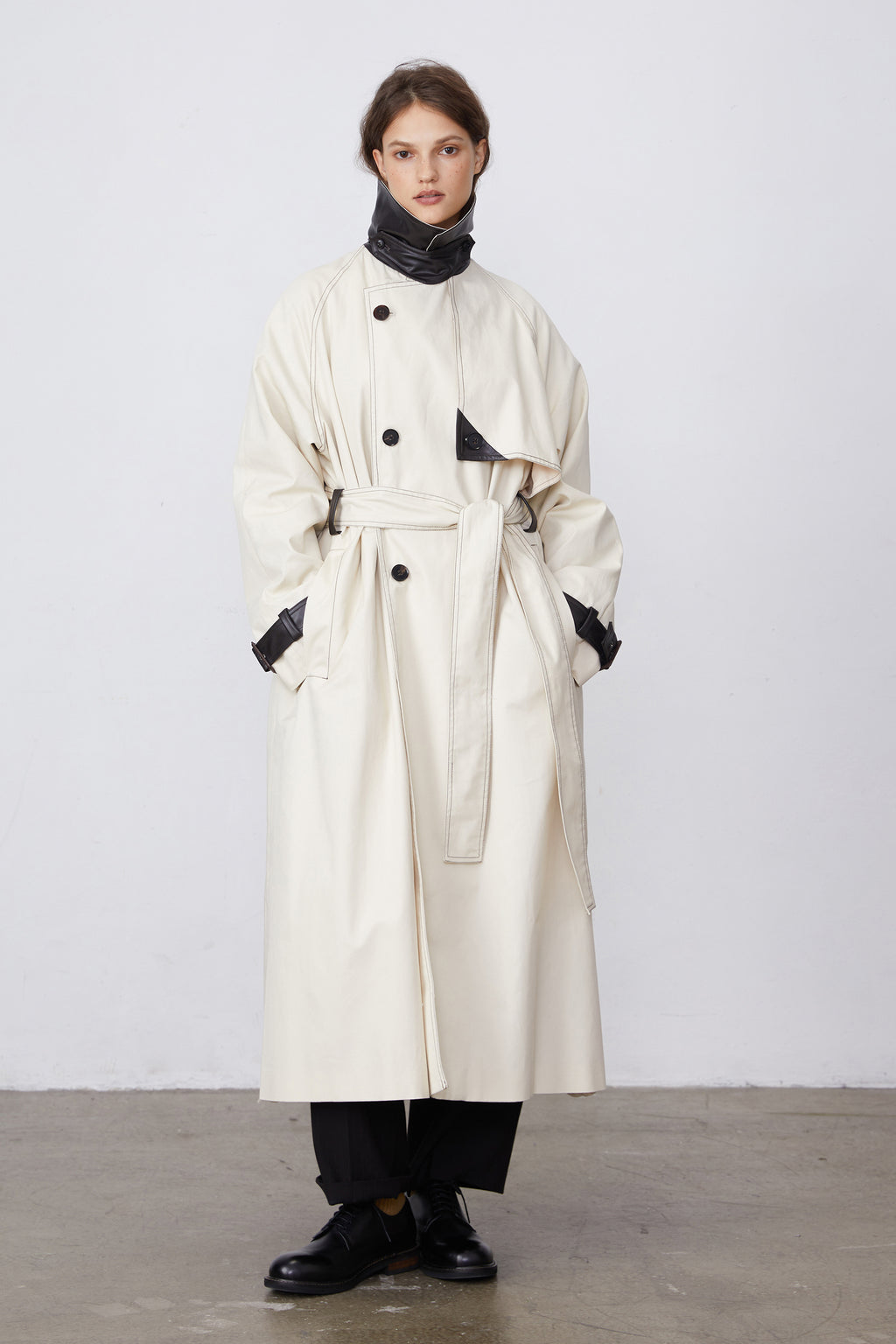 Color-Block Bright-Line Spliced Leather Trench Coat