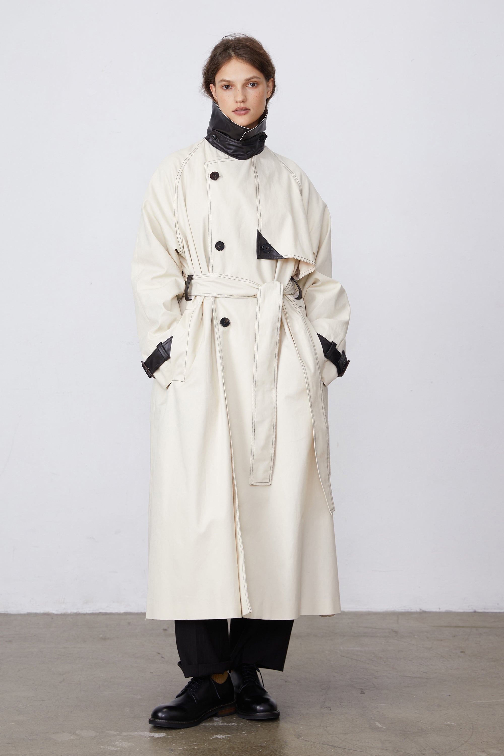 Color-Block Bright-Line Spliced Leather Trench Coat