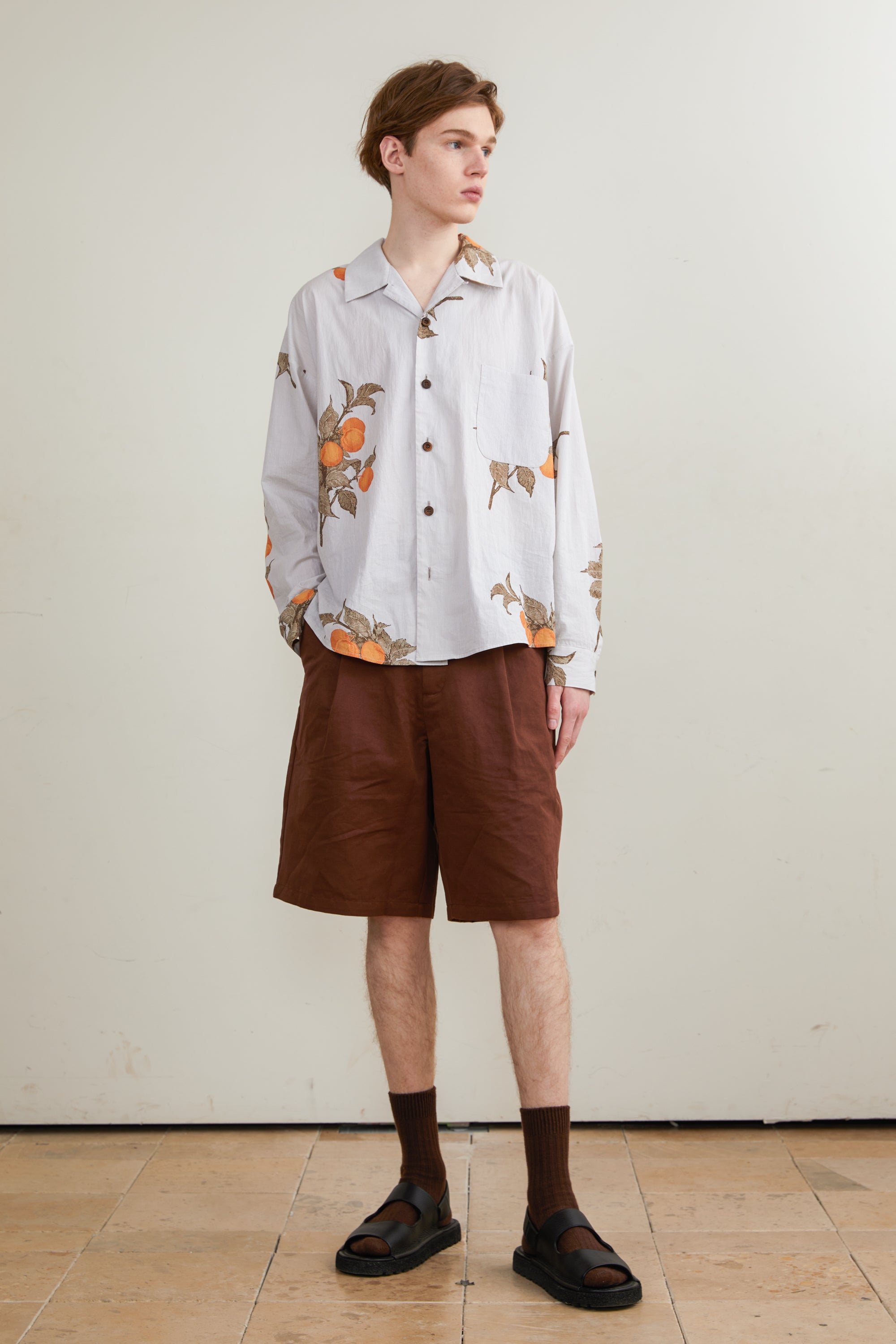Apple Pattern Printed Cuban Collar Long-sleeved Shirt