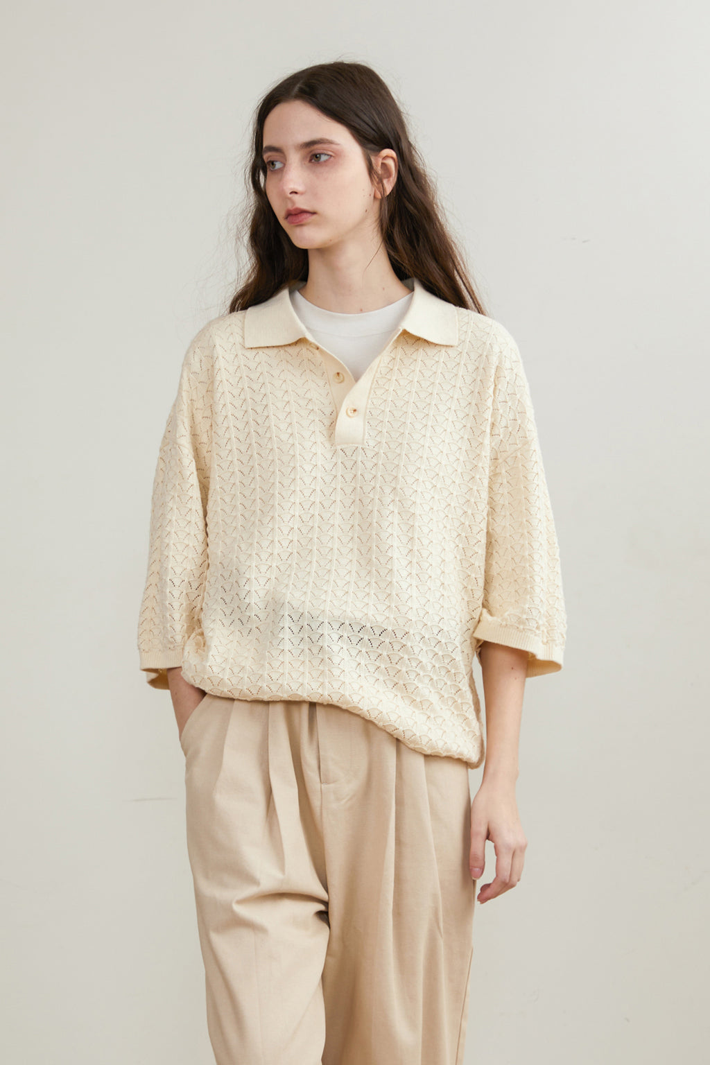 Hollow-Out Collared Short-Sleeved Knitted Top