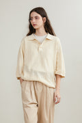 Hollow-Out Collared Short-Sleeved Knitted Top
