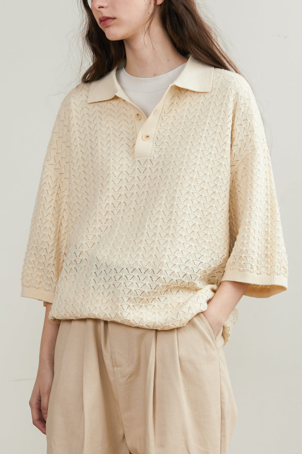 Hollow-Out Collared Short-Sleeved Knitted Top