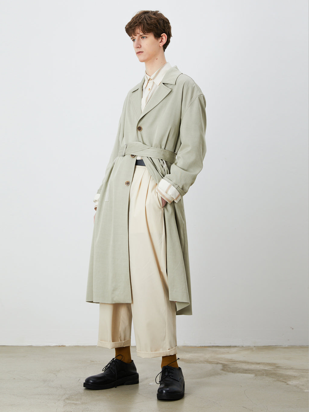 Gray-Green Single-Breasted Drop Shoulder Trench Coat