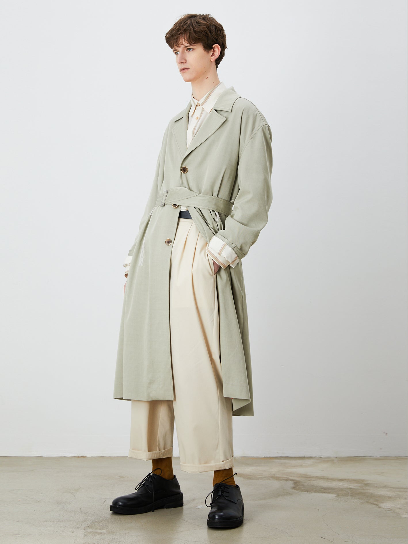 Gray-Green Single-Breasted Drop Shoulder Trench Coat