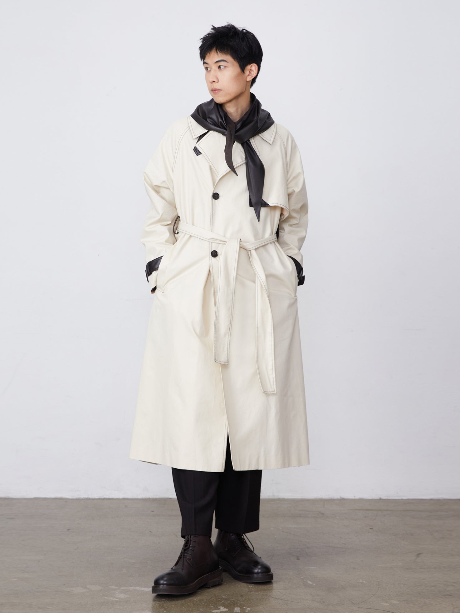 Color-Block Bright-Line Spliced Leather Trench Coat