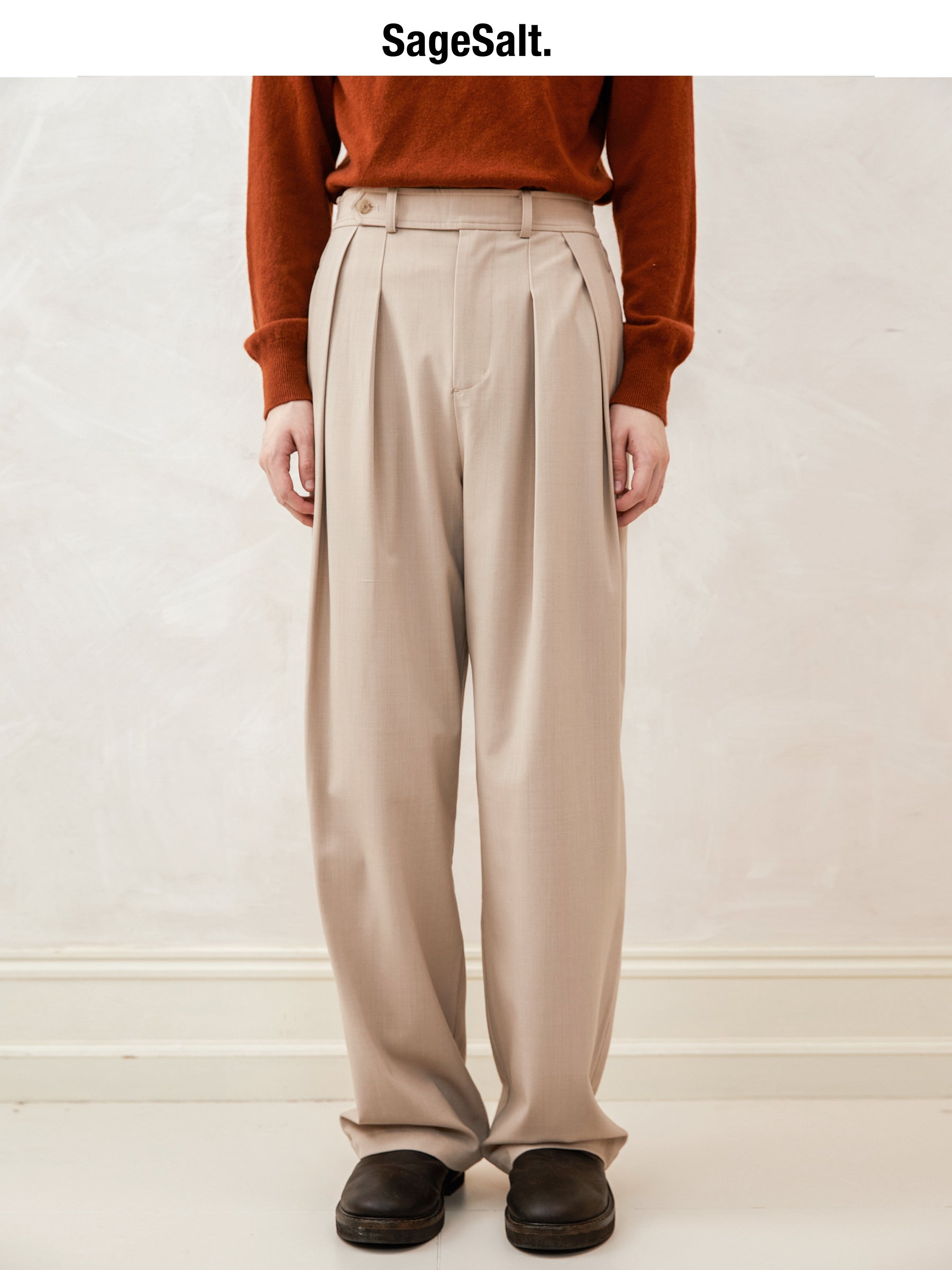 Wool Blend Double-Pleated Loose-Fit Trousers