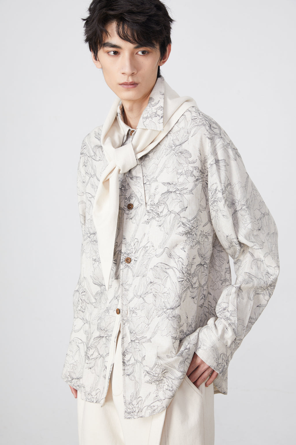 Linen Blend Printed Long-Sleeved Shirt