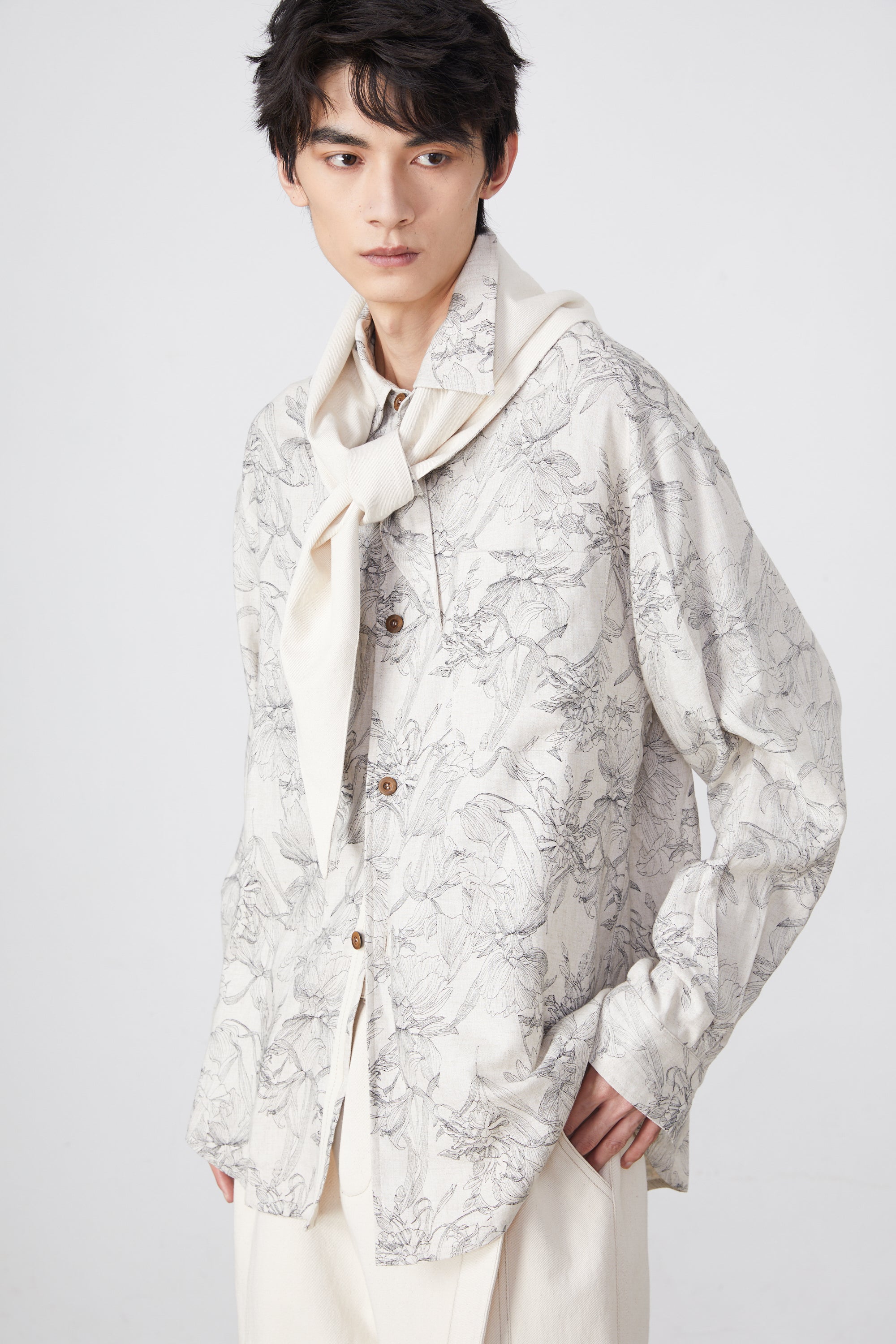 Linen Blend Printed Long-Sleeved Shirt