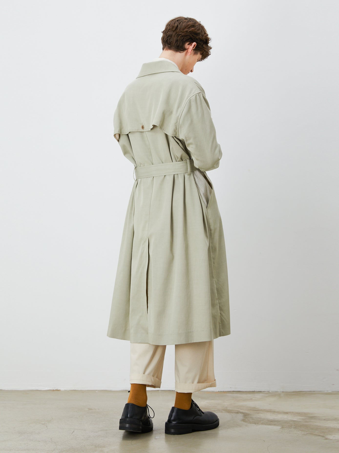 Gray-Green Single-Breasted Drop Shoulder Trench Coat