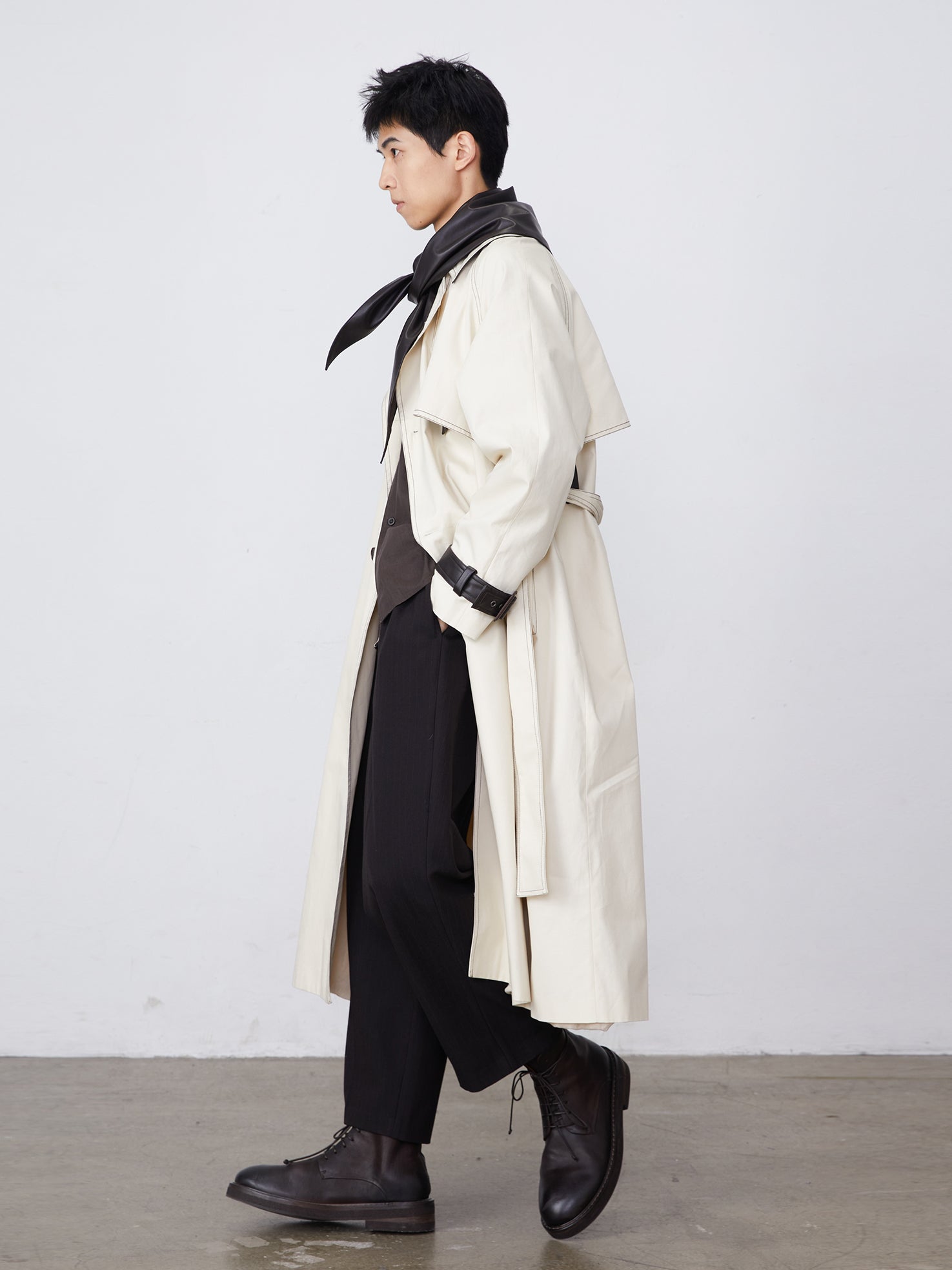 Color-Block Bright-Line Spliced Leather Trench Coat