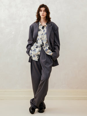 Diagonal Twill Blend Double-Pleated Loose-Fit Trousers