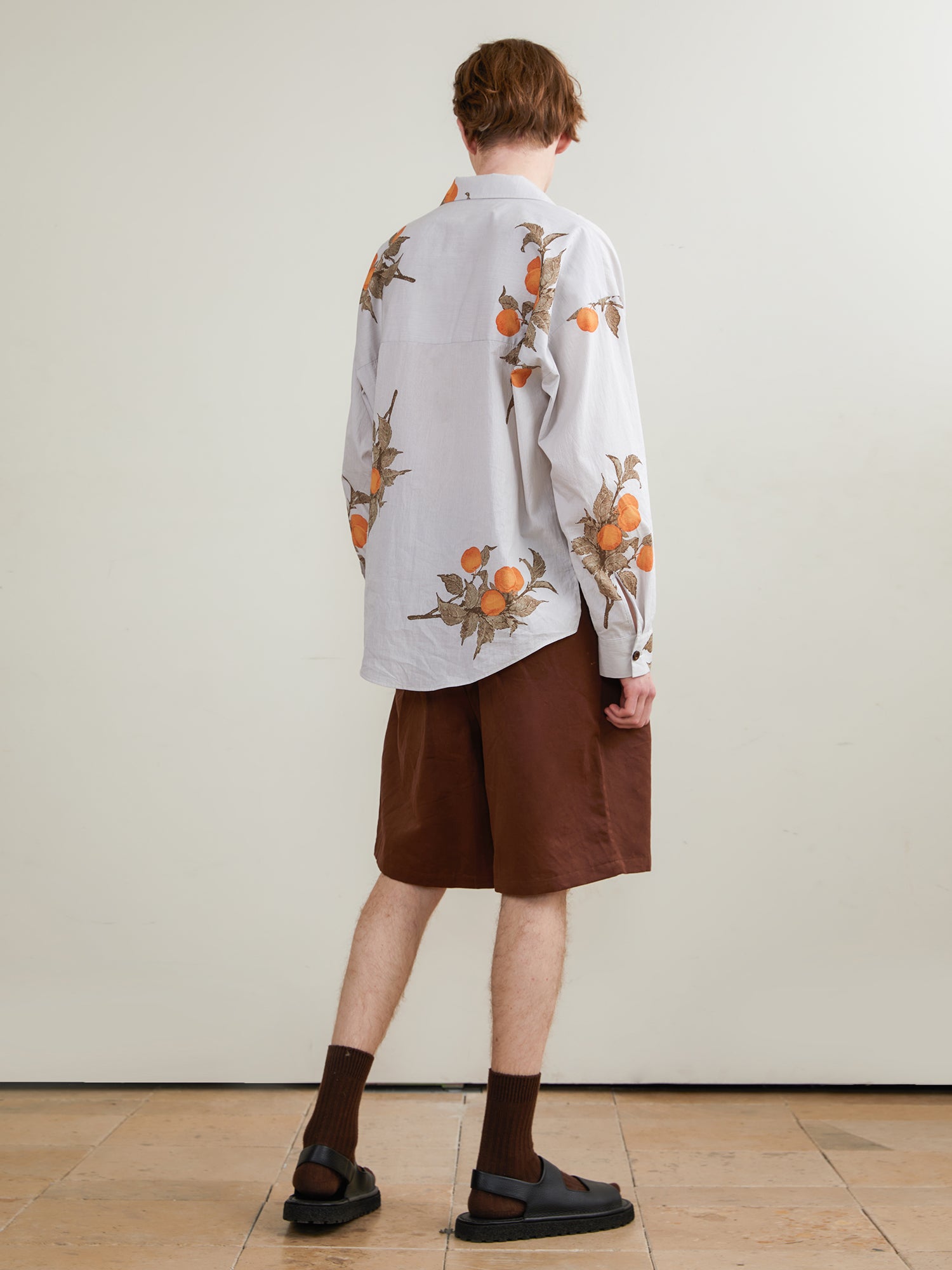 Apple Pattern Printed Cuban Collar Long-sleeved Shirt