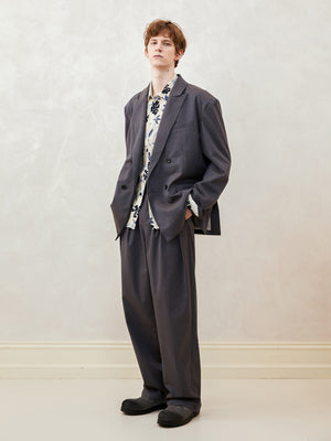 Diagonal Twill Blend Double-Pleated Loose-Fit Trousers