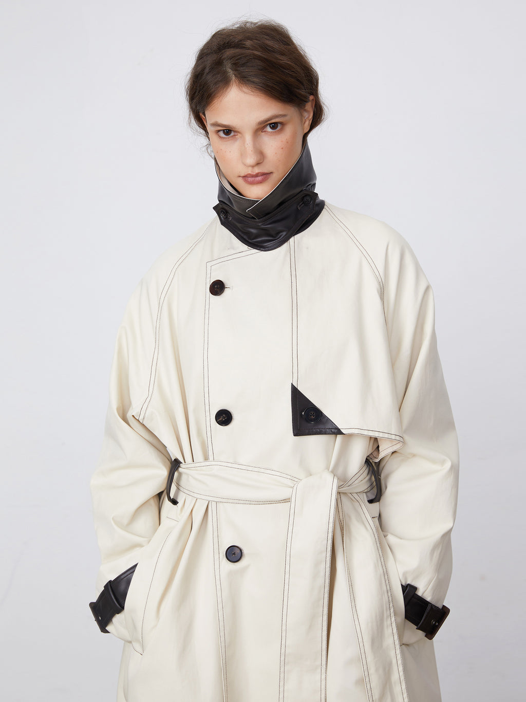 Color-Block Bright-Line Spliced Leather Trench Coat