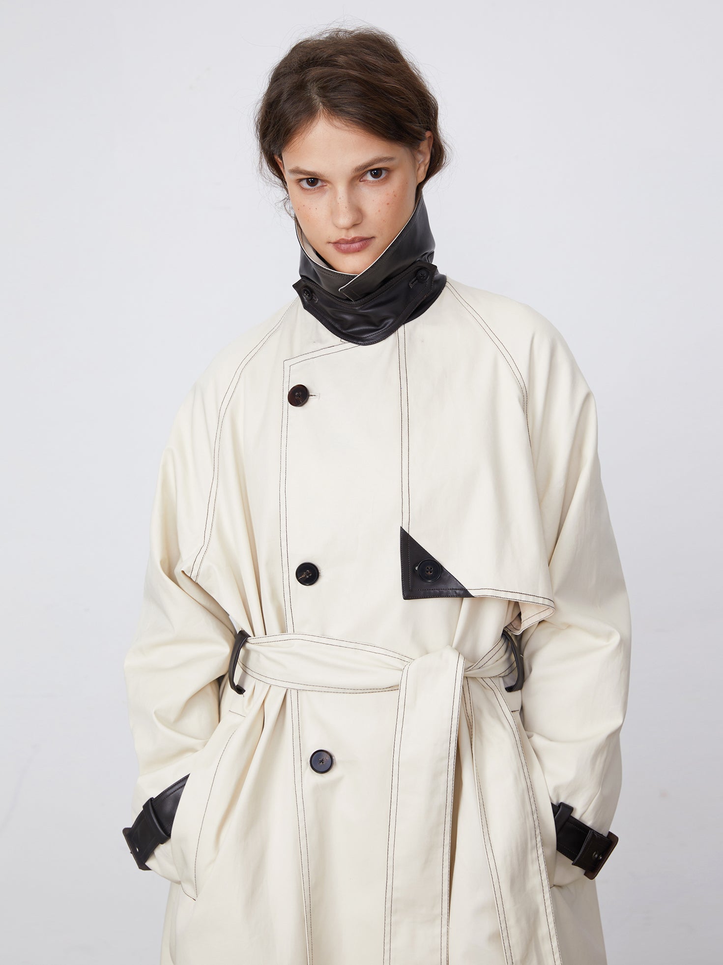 Color-Block Bright-Line Spliced Leather Trench Coat