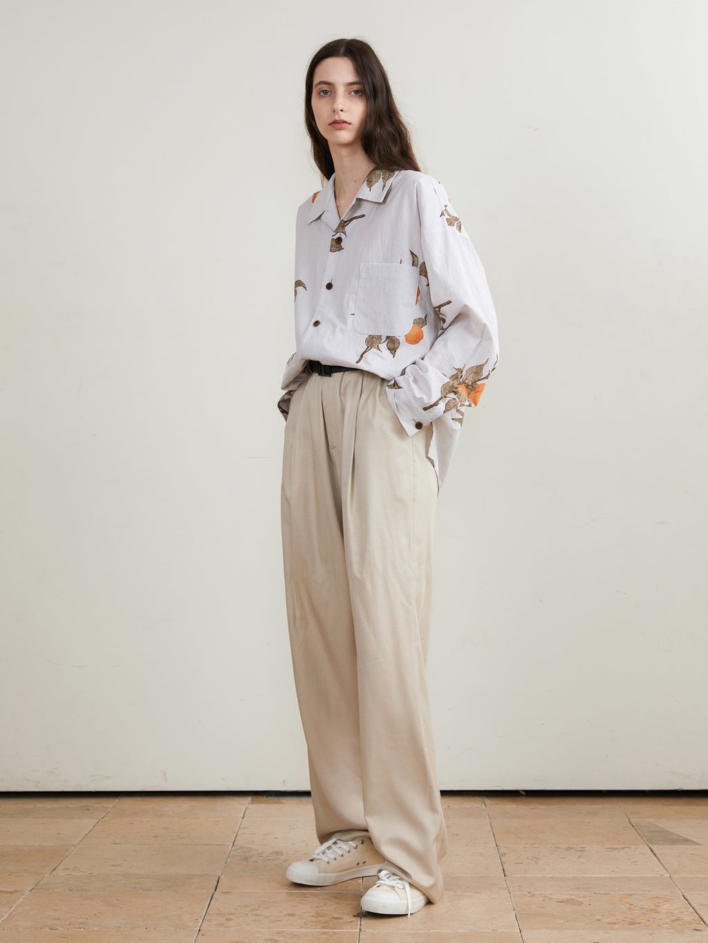 Apple Pattern Printed Cuban Collar Long-sleeved Shirt