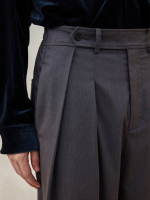 Diagonal Twill Blend Double-Pleated Loose-Fit Trousers