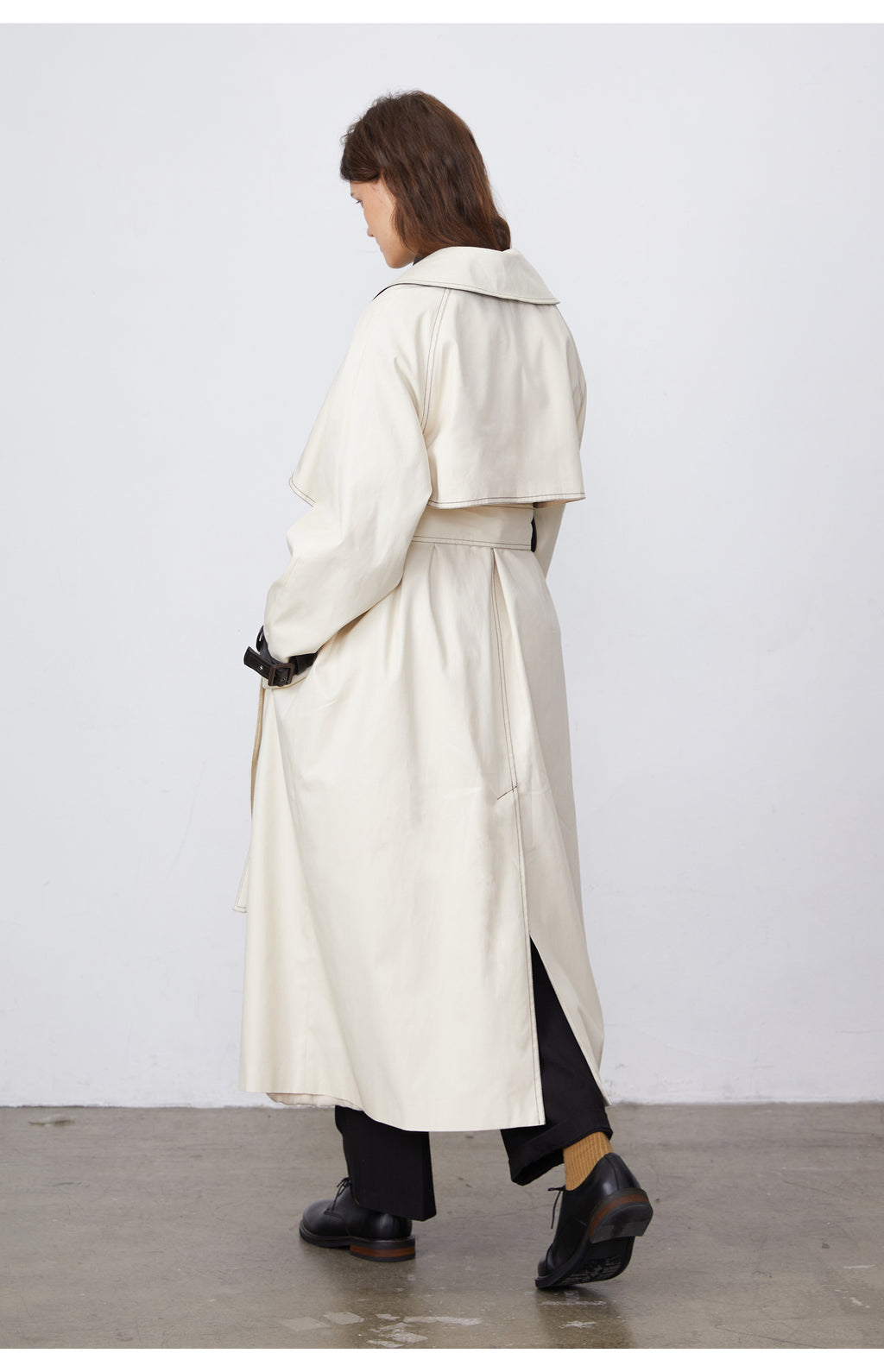 Color-Block Bright-Line Spliced Leather Trench Coat