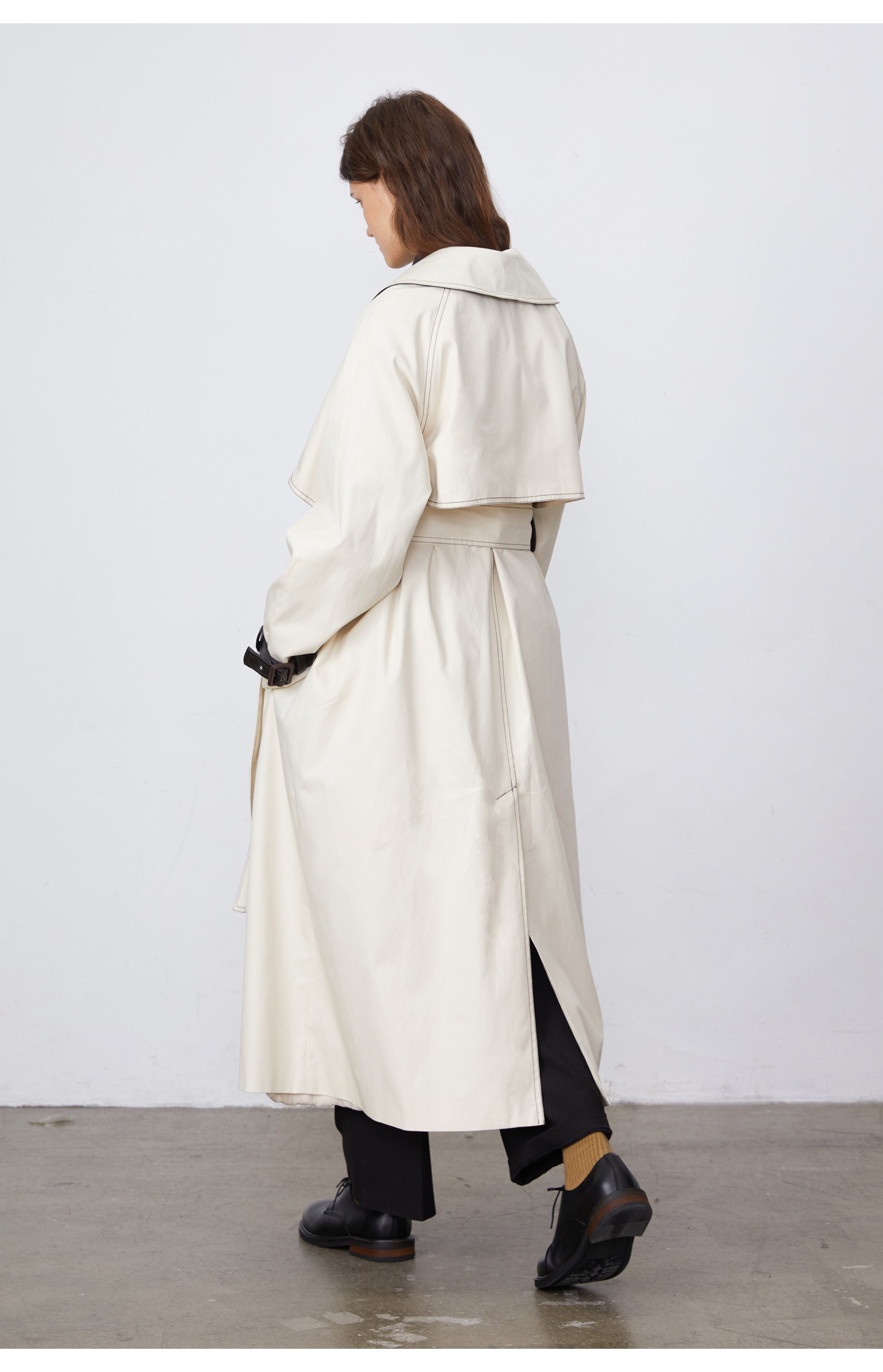 Color-Block Bright-Line Spliced Leather Trench Coat