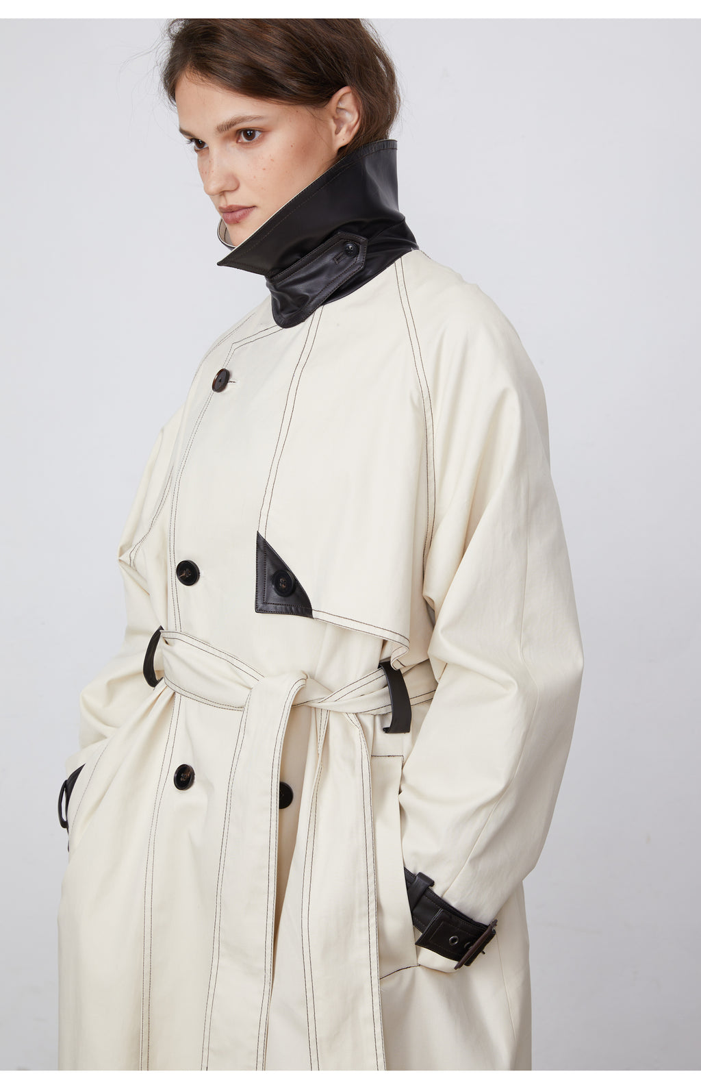 Color-Block Bright-Line Spliced Leather Trench Coat