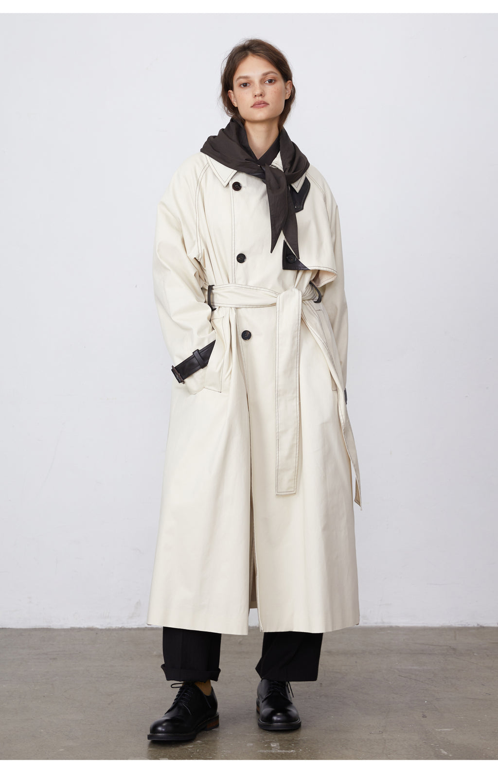 Color-Block Bright-Line Spliced Leather Trench Coat
