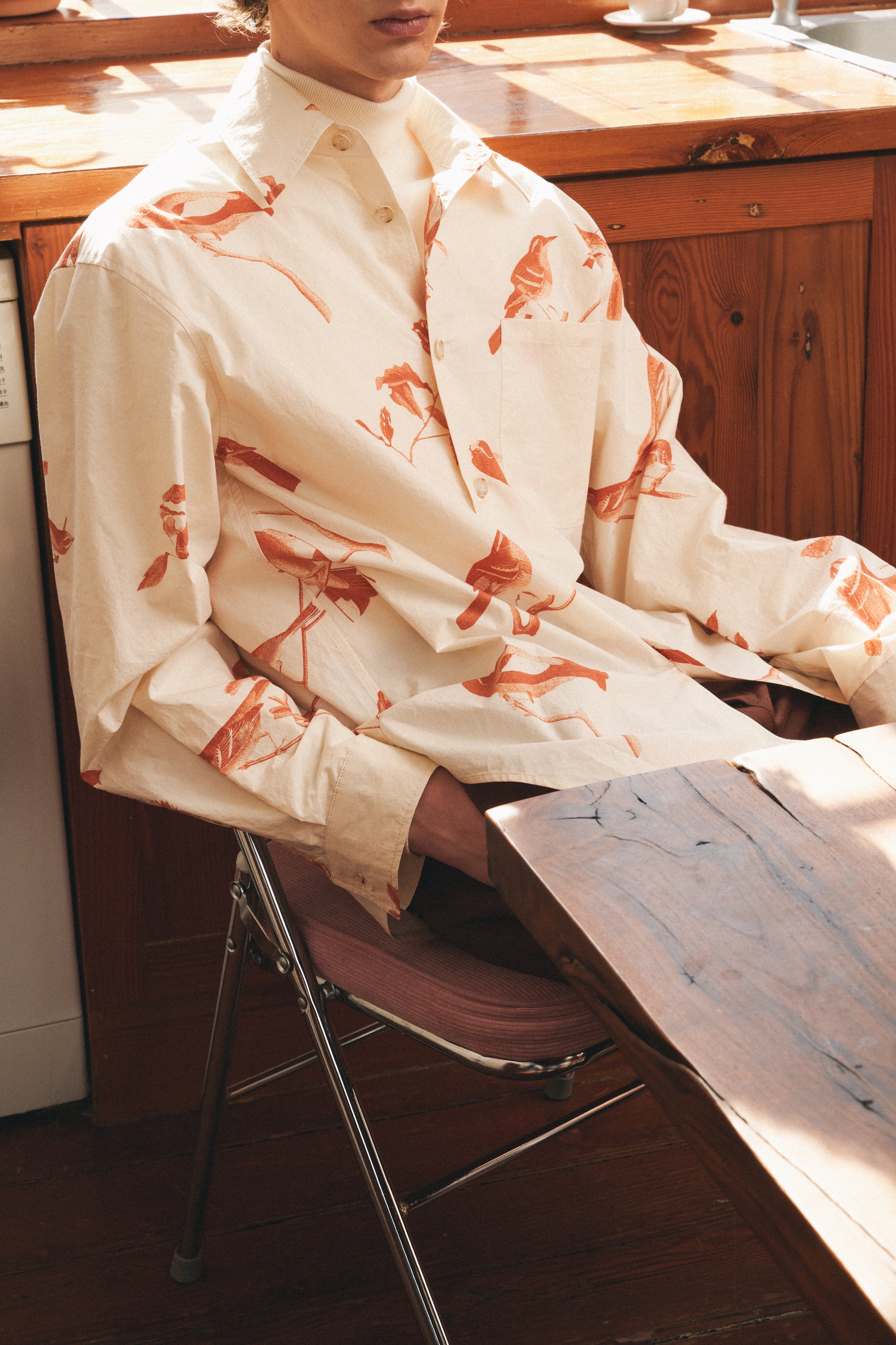 Red Bird Printed Cotton Long-Sleeved Shirt