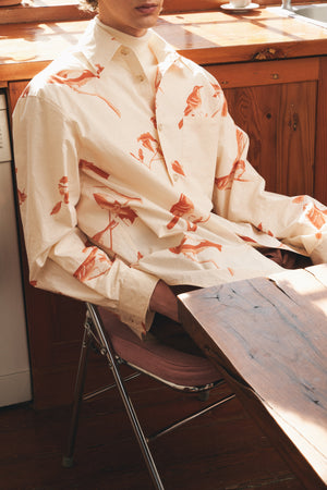 Red Bird Printed Cotton Long-Sleeved Shirt