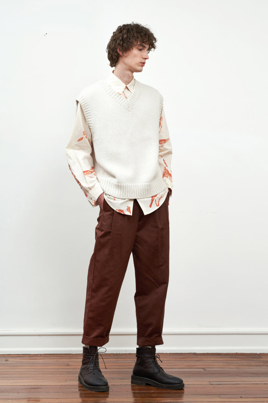 Red Bird Printed Cotton Long-Sleeved Shirt