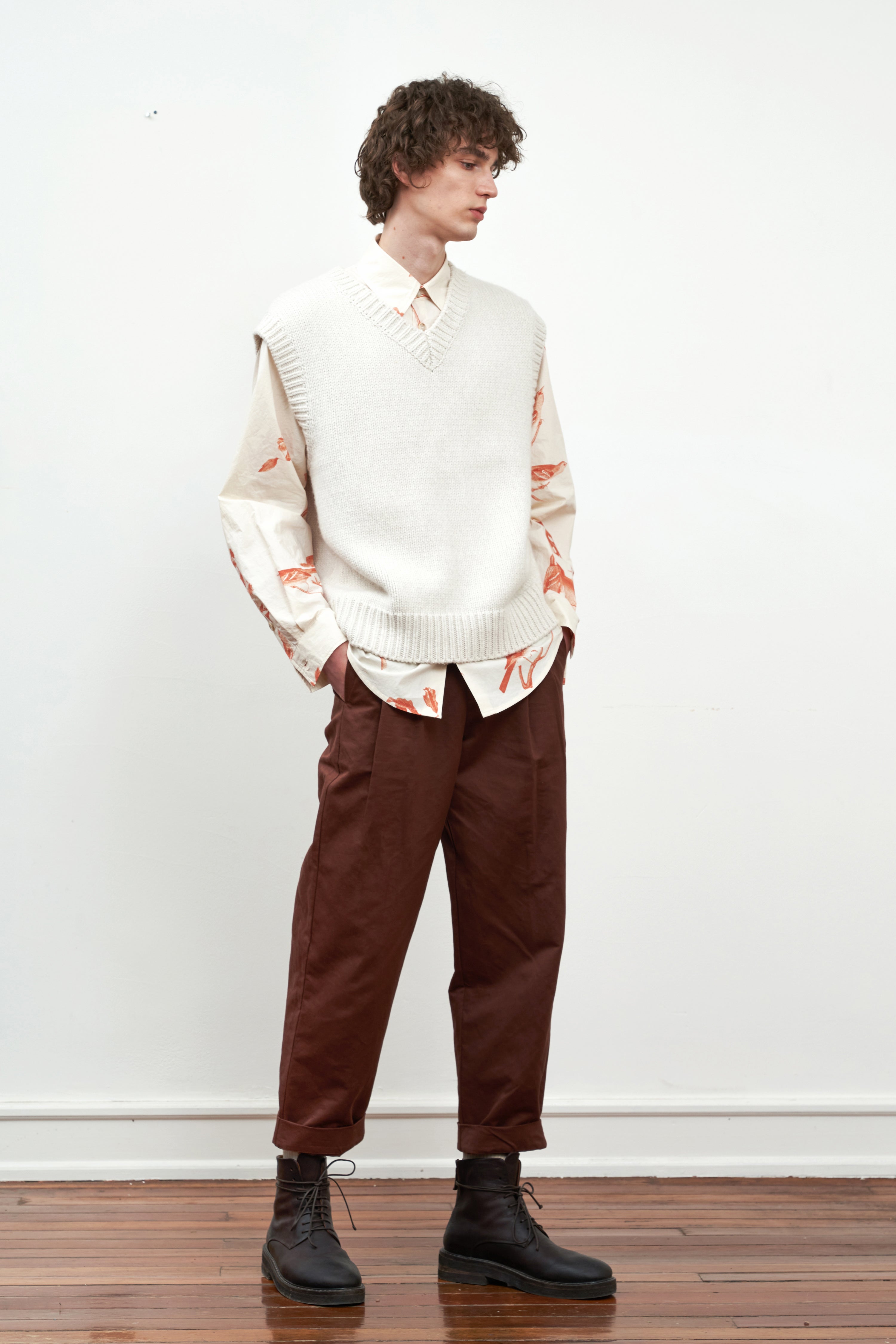 Red Bird Printed Cotton Long-Sleeved Shirt