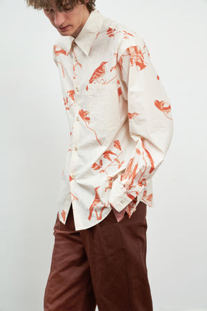 Red Bird Printed Cotton Long-Sleeved Shirt