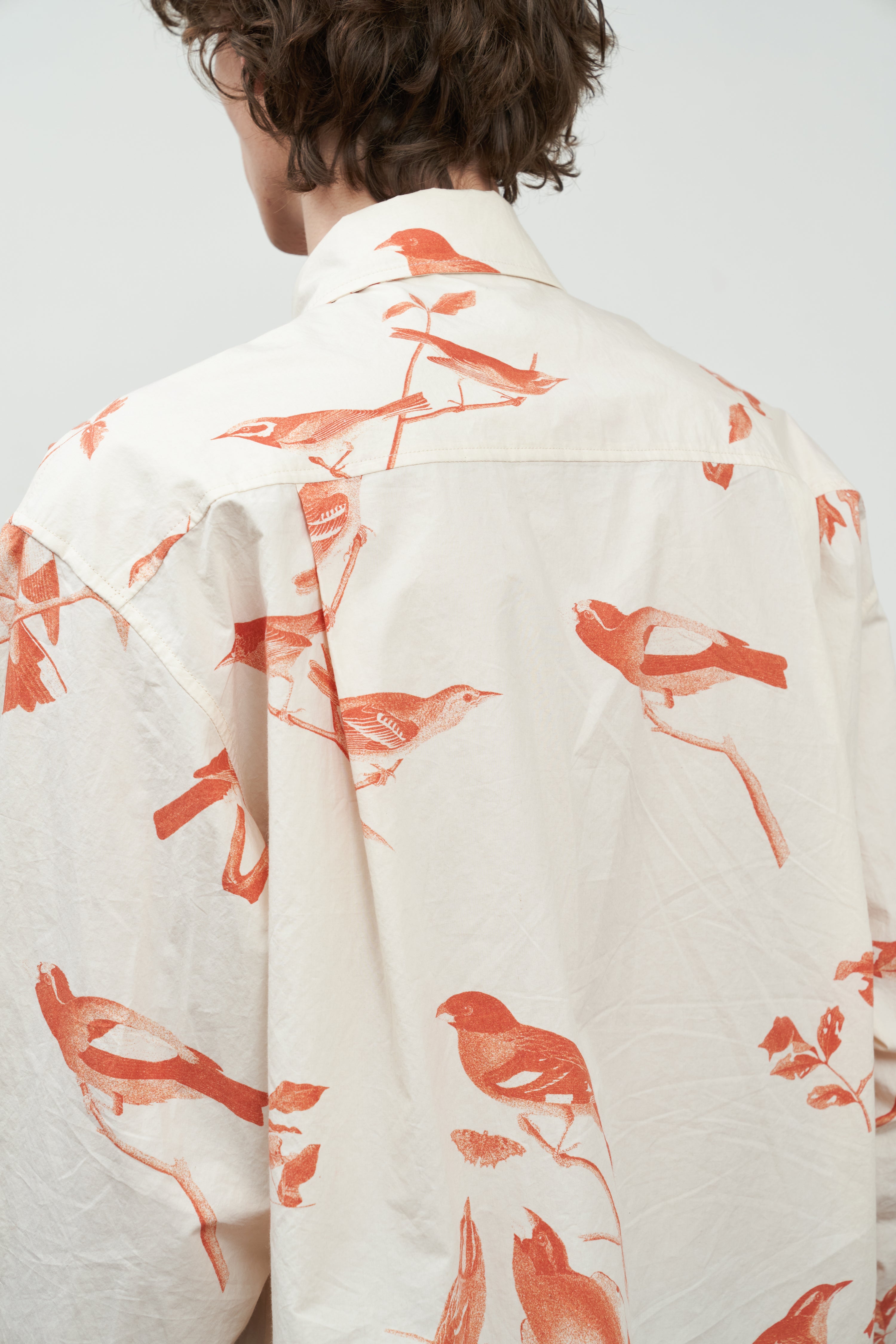Red Bird Printed Cotton Long-Sleeved Shirt