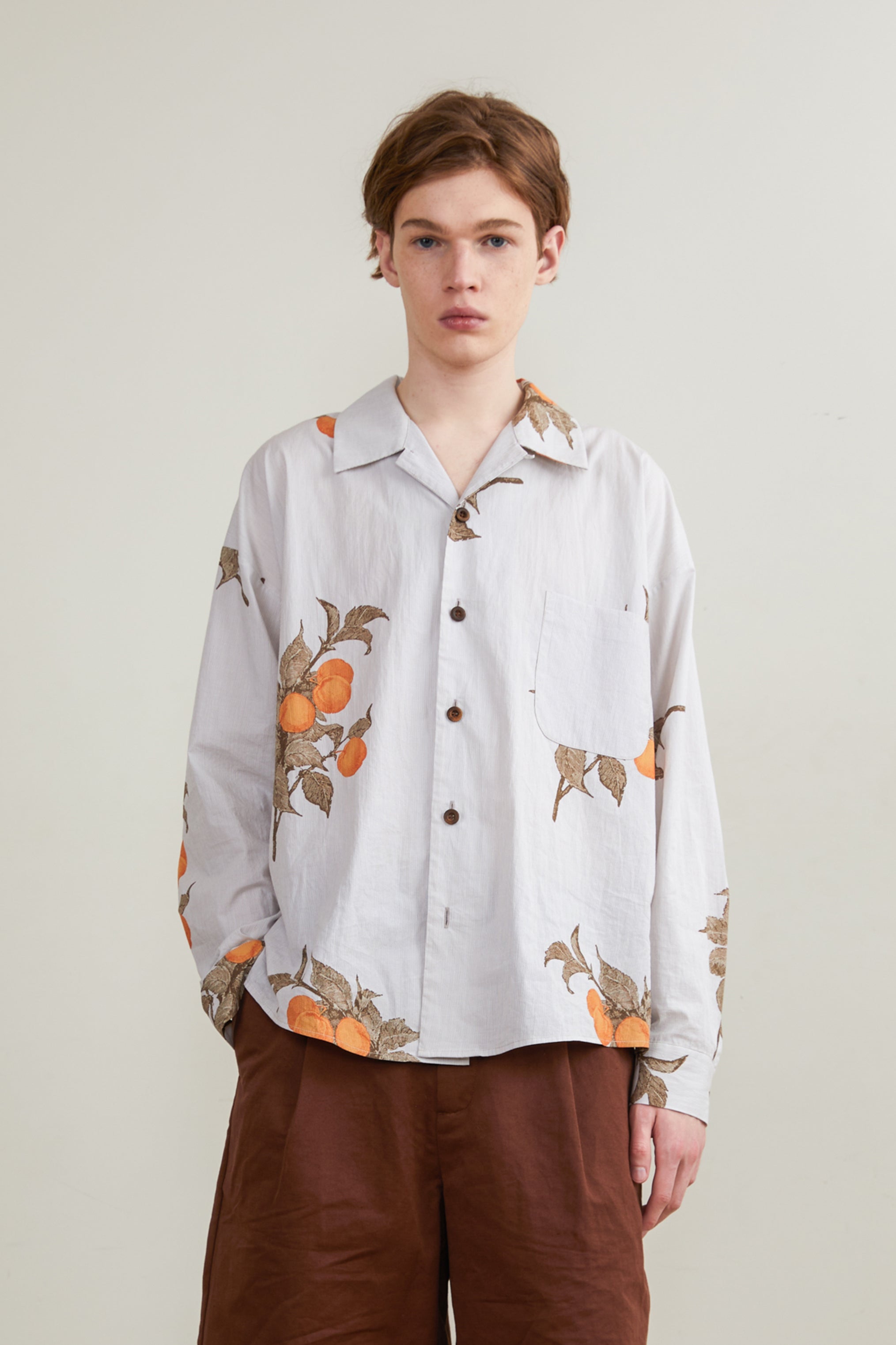 Apple Pattern Printed Cuban Collar Long-sleeved Shirt