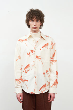 Red Bird Printed Cotton Long-Sleeved Shirt